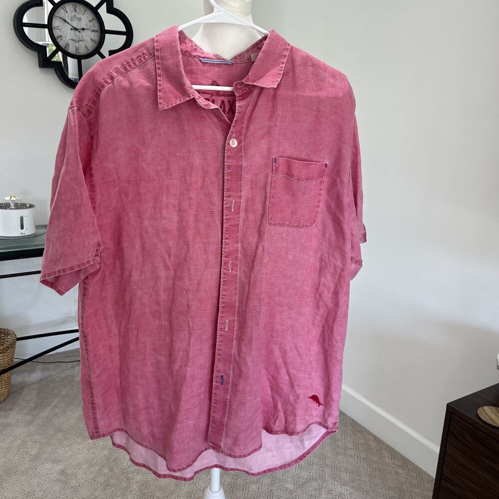 Tommy Bahama Men XL Pink Red Linen Short Sleeve Button Up Beach Casual Summer
